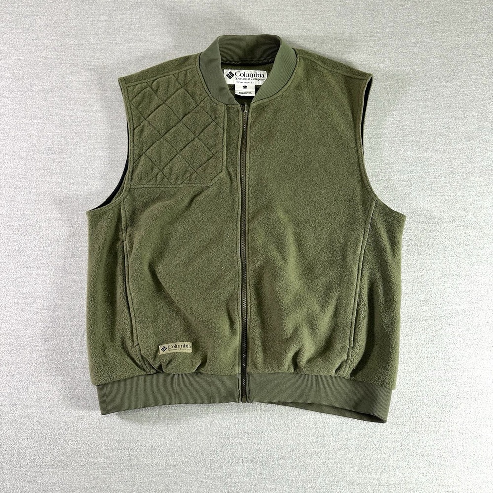 Columbia Fleece‎ Vest Mens Large Green Full Zip Quilted Shoulder Sleeveless